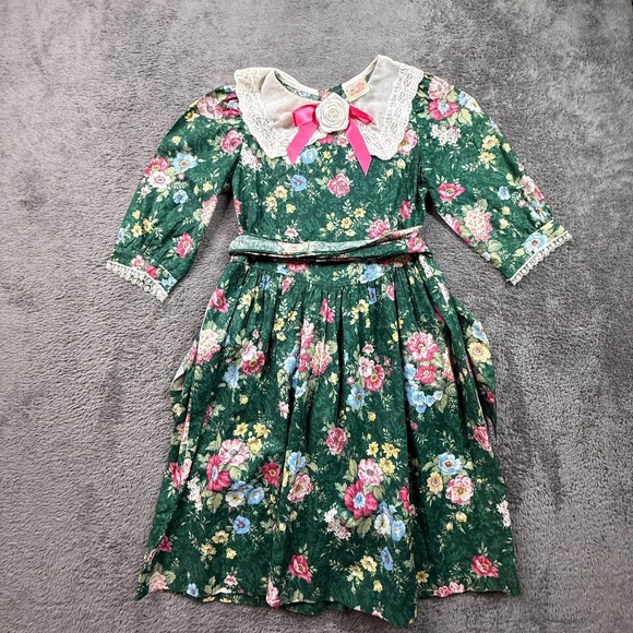 Pretty N Pink Dresses & Skirts - Vintage 80s Pretty N Pink Girls Dress Sz 10 Green Floral Lace Collar Cottagecore
